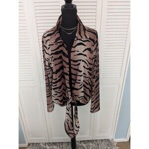 Haute Fox Jacket Shrug Top Womens 2X Mesh Brown Black Tiger Print Sexy Sheer Tie